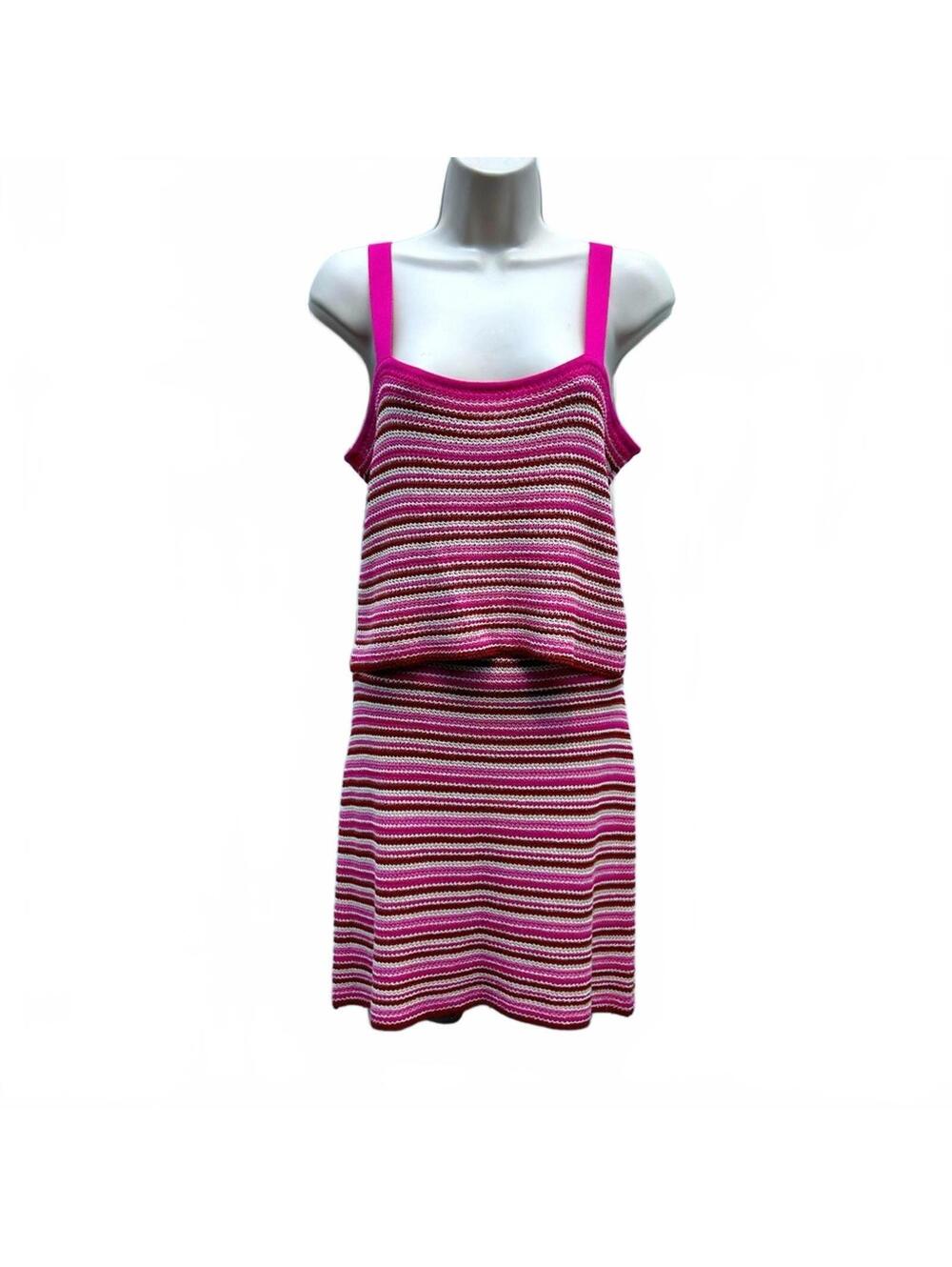 Lucy Paris Two Piece Crocheted Skirt Set & Tank Top Hot Pink Cream Rust Stripes